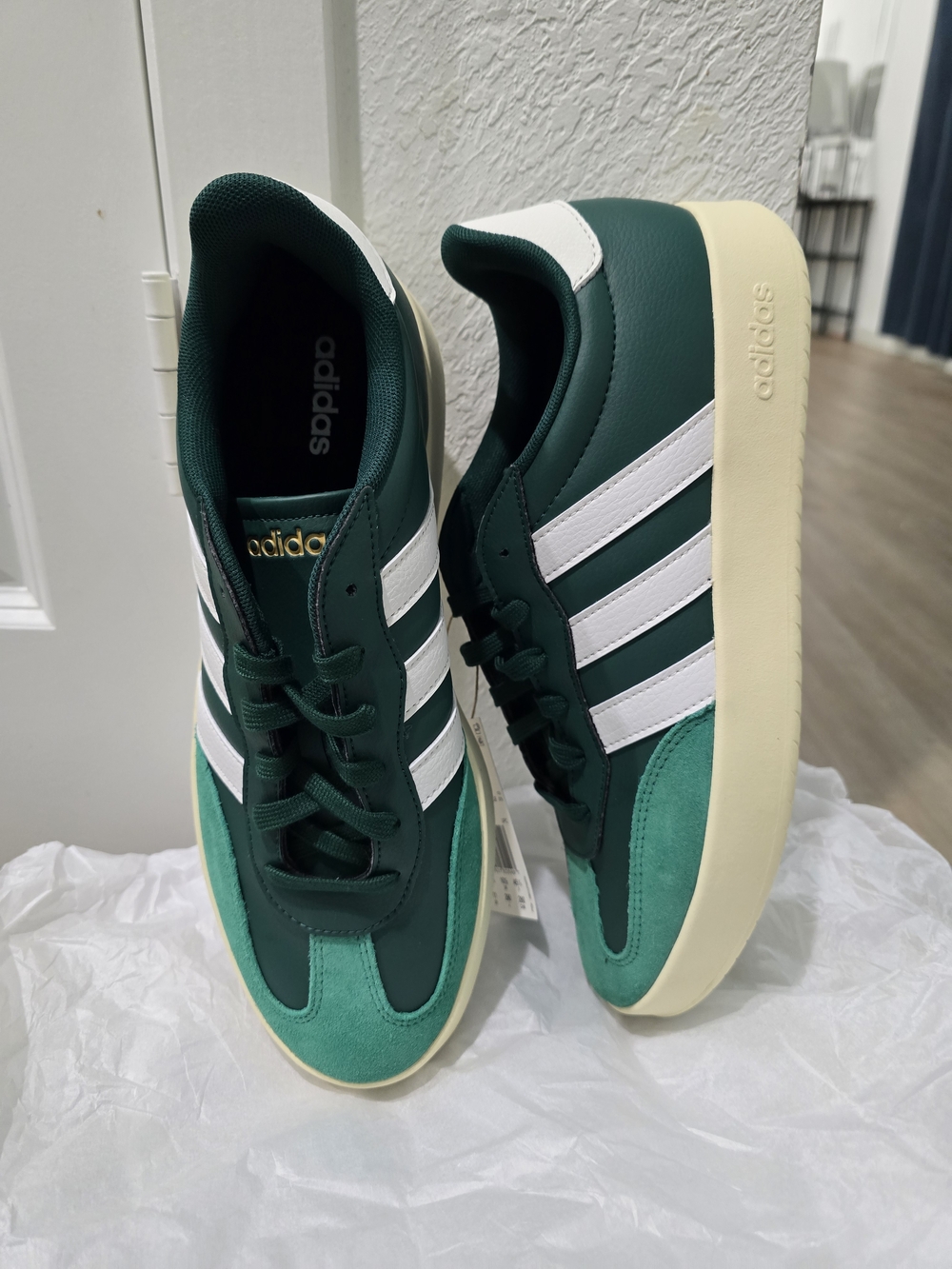 adidas Bareda Men’s Green Court-Style Sneakers with White Stripes...